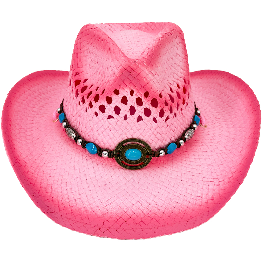 Pink Raffia Cowboy HATS for Youth - Turquoise Beaded Breathable Design