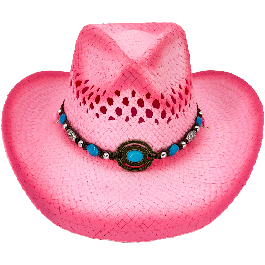 Breathable Pink Raffia STRAW Beaded Band Kid's Cowboy HAT