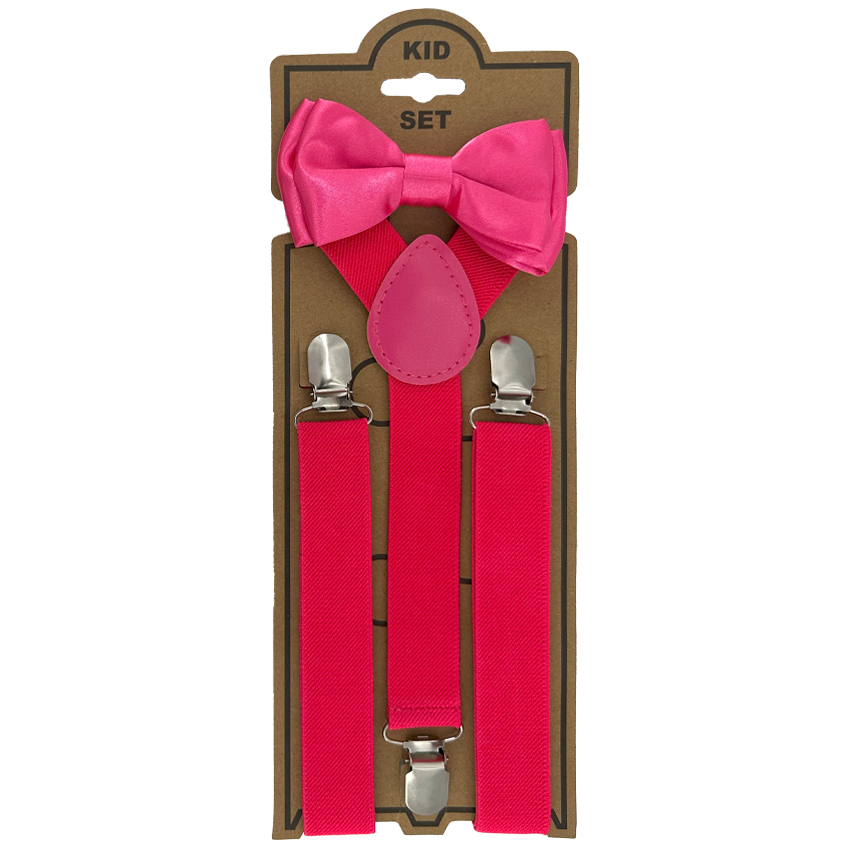 Adjustable Bowtie Suspender Set for Kids - ELASTIC Y-Back Design with Strong Metal Clips - Hot Pink