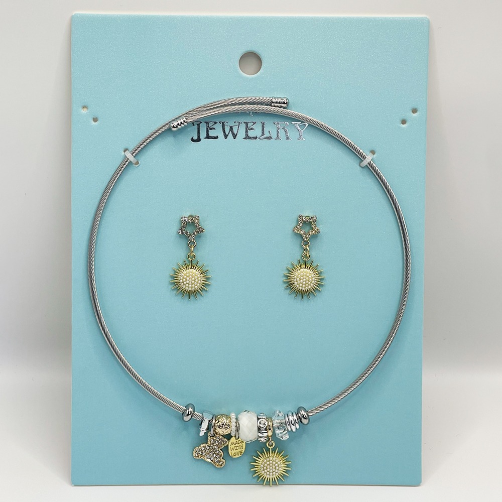 Stainless Steel Charm Necklace and EARRINGS Set - Bright Golden Sun Design