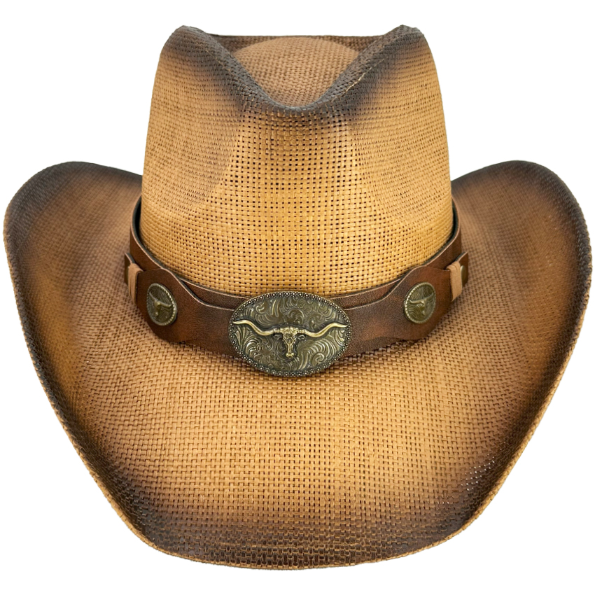 Brown Cowboy HATS with Special Design Leather Band and Bull Buckle