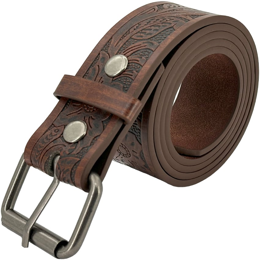 Men's WESTERN Leather Belts - Brown Floral Engraved 