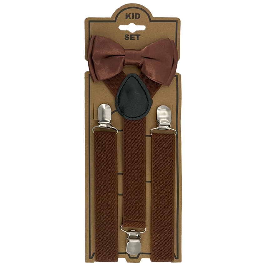 Adjustable Bowtie Suspender Set for Kids - ELASTIC Y-Back Design with Strong Metal Clips - Dark Brow