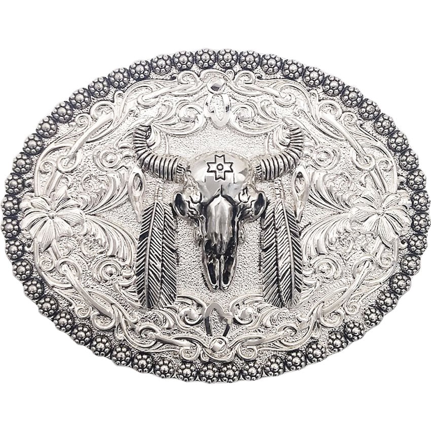 BELT Buckle Silver Feathered Bull Design