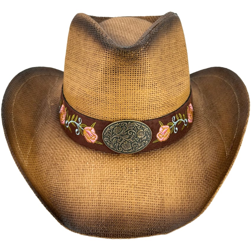 Brown Cowgirl HATs with High Quality Floral Embroidered Band and Buckle - Cowboy HATs