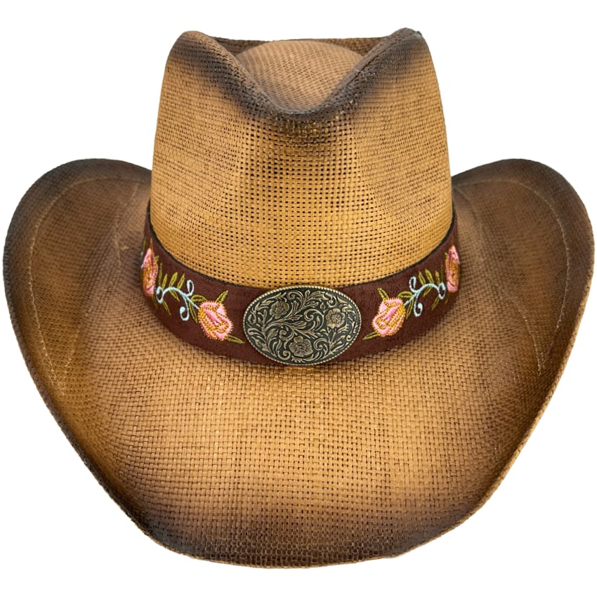 Brown Cowgirl HATS with High Quality Floral Embroidered Band and Buckle - Cowboy HATS