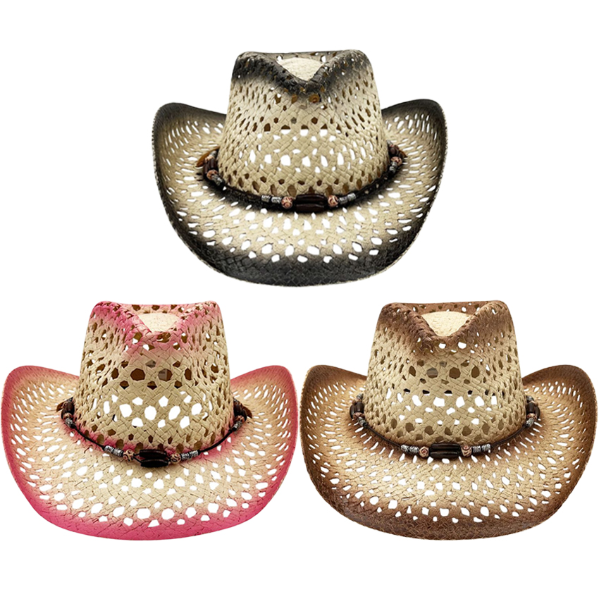 Hollow Breathable Straw COWBOY HAT with Beaded Band