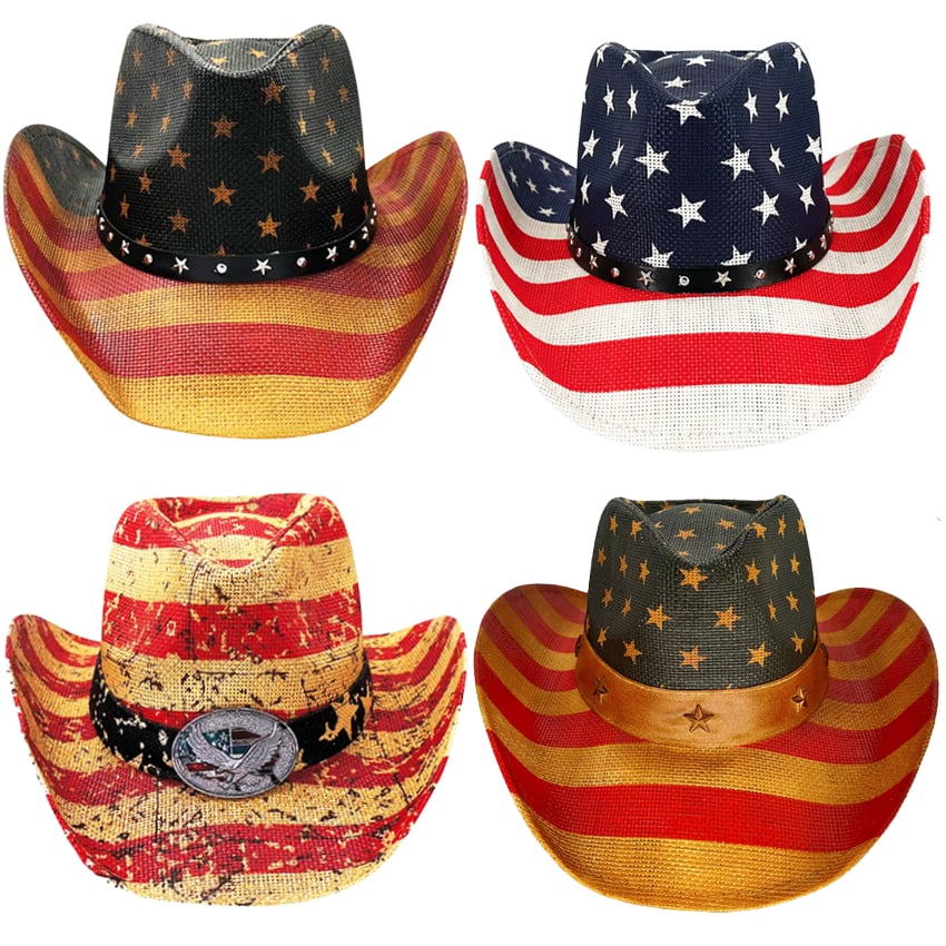 USA American Flag Patriotic Paper Straw Mixed-style Western Cowboy HAT