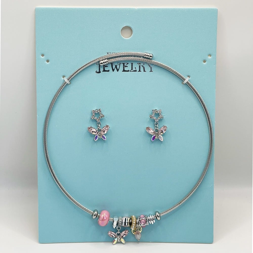 Stainless Steel Charm Necklace and EARRINGS Set - Pink Purple Butterfly Design