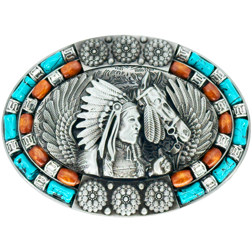 Native American Chief and HORSE Silver Design Turquoise and Brown Beaded Western Belt Buckle
