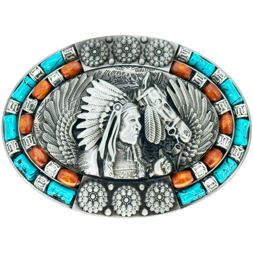 Native American Chief and Horse Silver Design Turquoise and Brown Beaded Western BELT Buckle