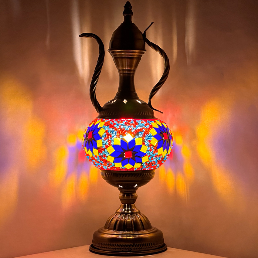 Colorful FLOWERS Red Turkish Lamp with Teapot Design - Without Bulb
