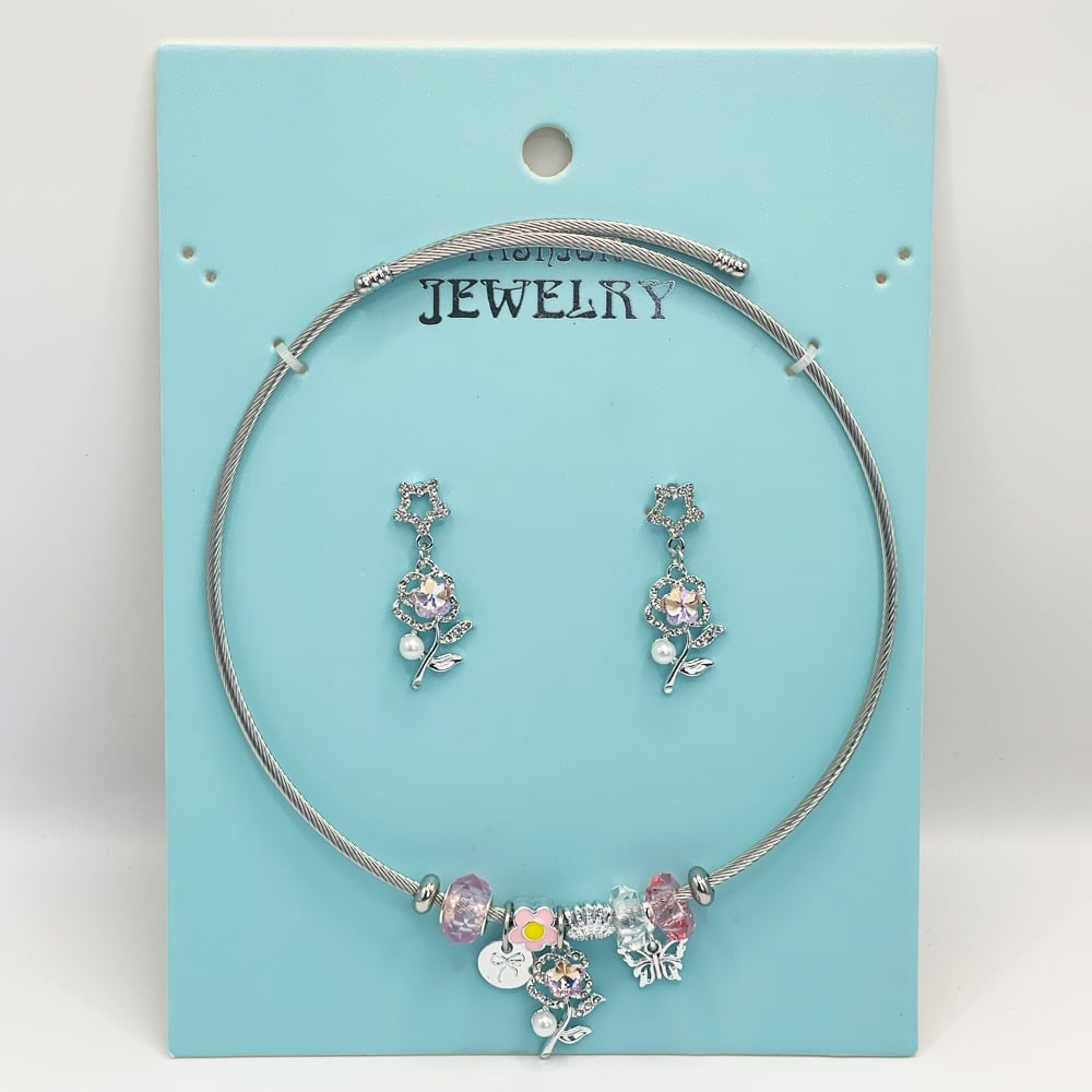 Stainless Steel Charm Necklace and EARRINGS Set - Rhinestone Pink Rose Design