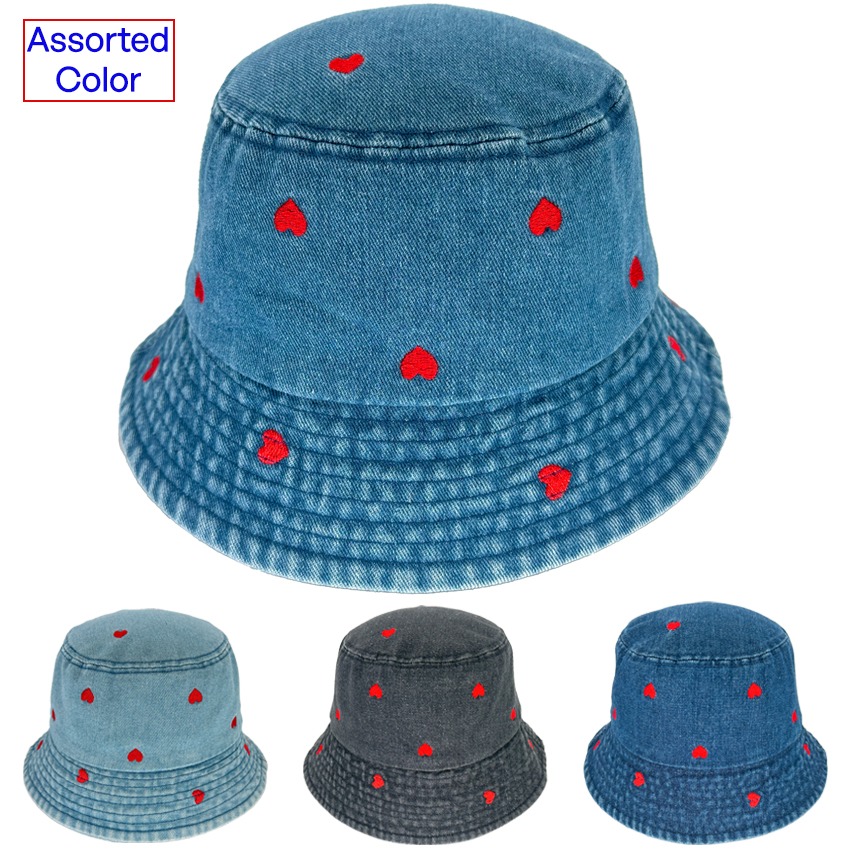 Vintage Denim Bucket HATs with RED Heart EmbroideRED - Assorted Colors