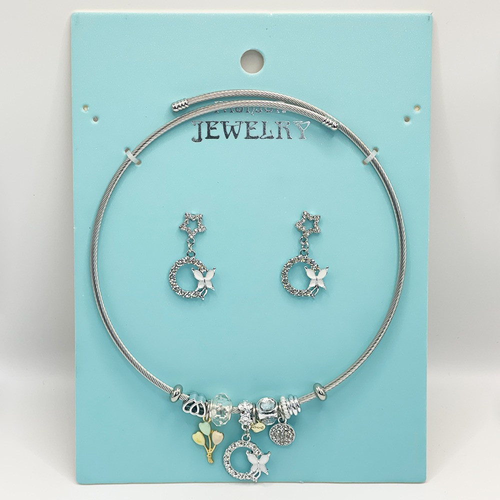 Stainless Steel Charm Necklace and EARRINGS Set - Rhinestone Crescent Butterfly Design