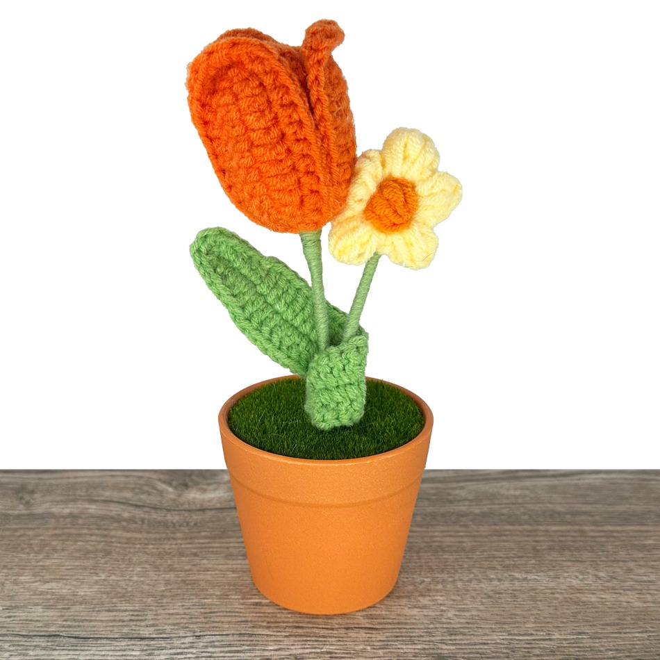 Crochet Flower in VASE - Orange Tulip and Yellow Puff Flowers