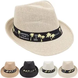 Wholesale Breathable Straw Adult Trilby Fedora Hat Set with Palm Trees Print Band-0