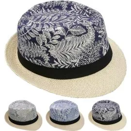 Wholesale Leaf Pattern Adult Straw Trilby Fedora Hat Set with Black Band-1