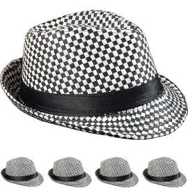 Wholesale Black & White Checkered Party Trilby Fedora Hat Set-3