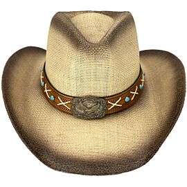 Wholesale Paper Straw Eagle Turquoise Bead Band Brown Cowboy Hat