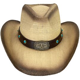 Wholesale Paper Straw Star Turquoise Bead Stitched Band Brown Cowboy Hat. Buy in Bulk!