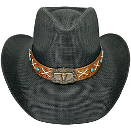 Wholesale Trendy Black Paper Straw Cowboy Hat with Bull Lace Band