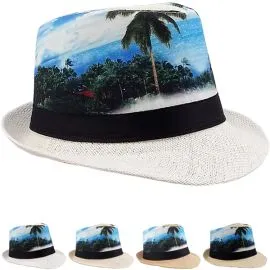 Buy Bulk Tropical Beach Print Trending Trilby Fedora Hat-0