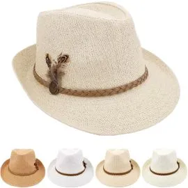 Wholesale Breathable Braided Band With Feather Straw Adult Fedora Hat Set-0