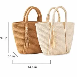 Cotton Rope Woven Bucket Tote with Tassel