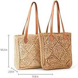 Openwork Crochet Tote Bag with Diamond Weave - Boho Leather Handle Bag