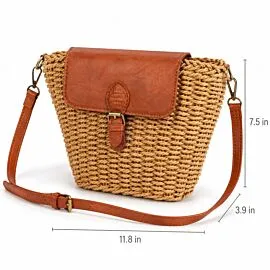 Straw Crossbody Bag with Leather Flap - Boho Woven Saddle Purse