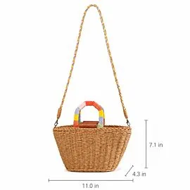 Straw Bucket Bag with Rainbow Handle - Boho Woven Crossbody Beach Bag