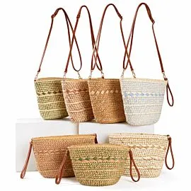 Woven Straw Bucket Crossbody Bag - Boho Drawstring Beach Purse