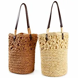 Crochet Bucket Bag with Leather Handles - Boho Woven Shoulder Tote