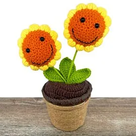 Smiling Crochet Sunflowers in Crochet Plant Pot - 2 Orange Sunflowers