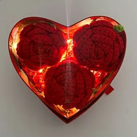 3 red crochet roses in light up heart shape gift box