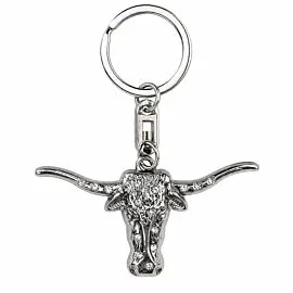 3D Longhorn Steer Head Keychain - Antiqued Silver-Tone Texas Cattle Western Charm