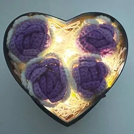 4 purple crochet roses in light up heart shape gift box