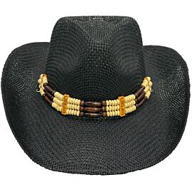 Black color high-quality paper straw woman western cowboy beach hat with a beaded band at wholesale prices
