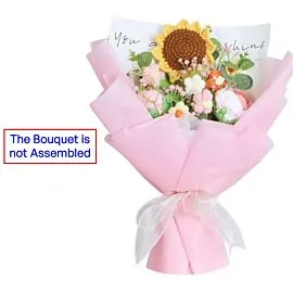 crochet sunflowers and roses in pink bouquet
