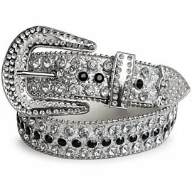 All-Over Silver-Tone Metallic Rhinestone Belt - Clear and Black Crystal Bling Cowgirl Western Belt