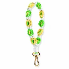 Beaded Flower Wristlet - Green and Yellow Daisy Keychain, Gold-Tone Clasp