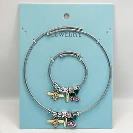 Stainless Steel Charm Bracelet and Necklace Set - Golden Bee and Cherry