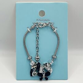 Stainless Steel Charm Bracelet with Dark Butterfly Design - Adjustable