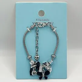Stainless Steel Charm Bracelet with Dark Butterfly Design - Adjustable