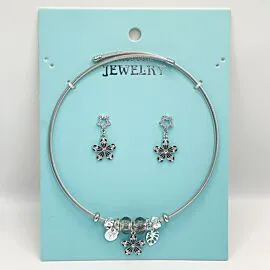 Stainless Steel Charm Necklace and Earrings Set - Dark Rhinestone Lucky Flower