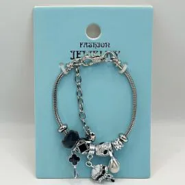 Adjustable Stainless Steel Charm Bracelet with Dark Rhinestone Gems Design 