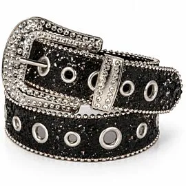 Black Glitter Rhinestone Belt - Clear Crystal Silver-Tone Beaded Edge Pavé Buckle Bling Cowgirl Western Belt