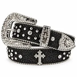 Silver Rhinestones with Black Belt and Cross Design - rolled belt