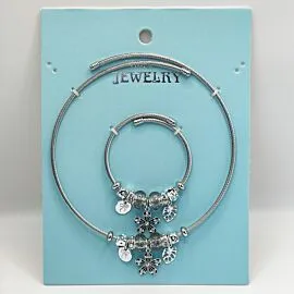 Stainless Steel Charm Bracelet and Necklace Set - Dark Rhinestone Flower